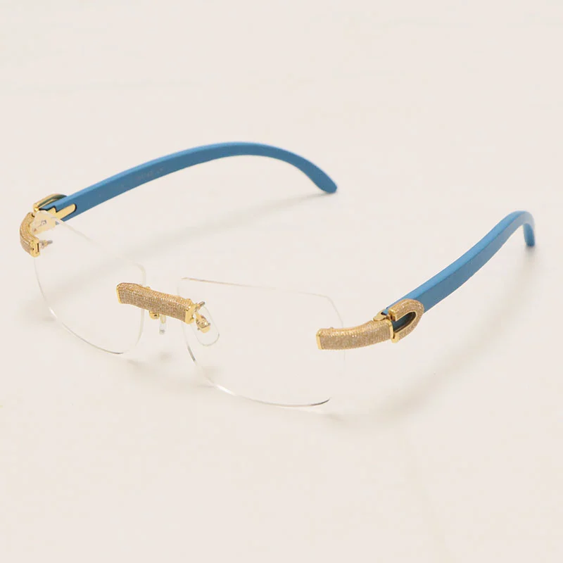 Cartier Luxury Diamond Sunglasses Rimless Original Blue Wood Sun Glasses