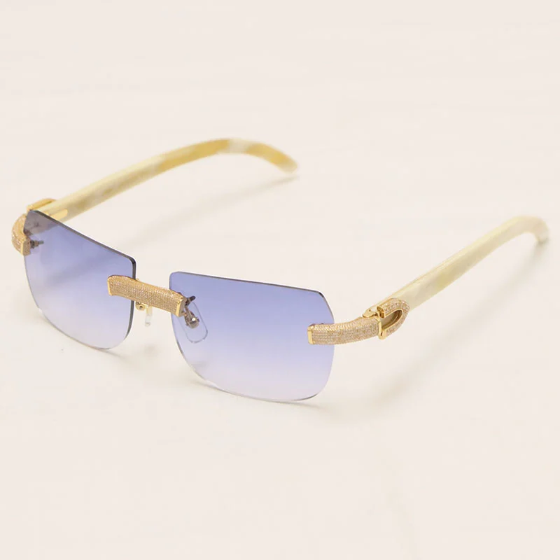 Cartier Luxury Diamond Sunglasses Rimless Original White Genuine Natural Horn Sun Glasses