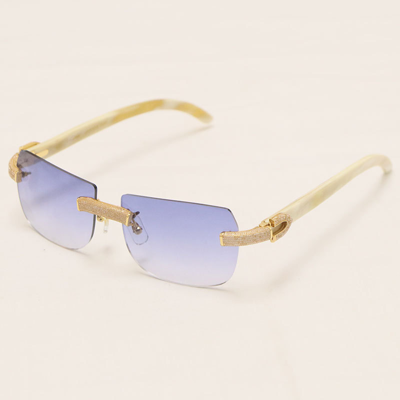 Cartier Luxury Diamond Sunglasses Rimless Original White Genuine Natural Horn Sun Glasses