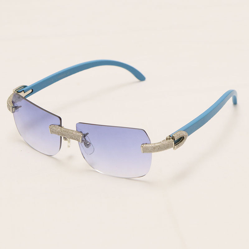 Cartier Luxury Diamond Sunglasses Rimless Original Blue Wood Sun Glasses