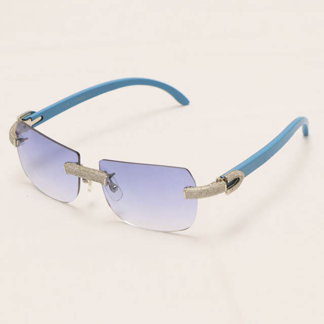 Cartier Luxury Diamond Sunglasses Rimless Original Blue Wood Sun Glasses