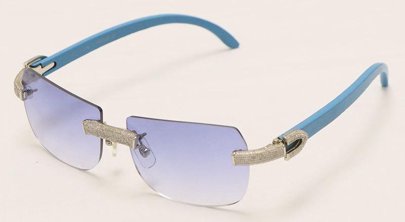 Cartier Luxury Diamond Sunglasses Rimless Original Blue Wood Sun Glasses