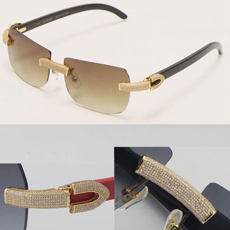 Cartier Luxury Diamond Sunglasses Rimless Original Black Buffalo Horn Sun Glasses New