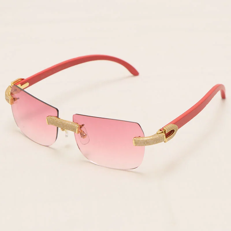 Cartier Luxury Diamond Sunglasses Rimless Original Red Wood Sun Glasses