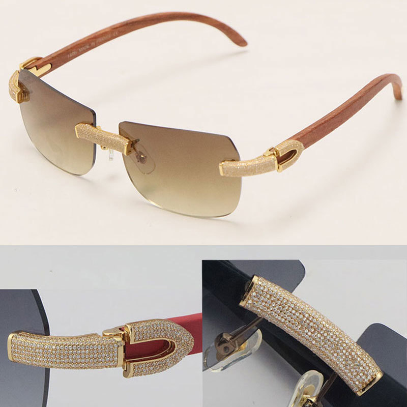 Cartier Luxury Diamond Sunglasses Rimless Original Wood Sun Glasses