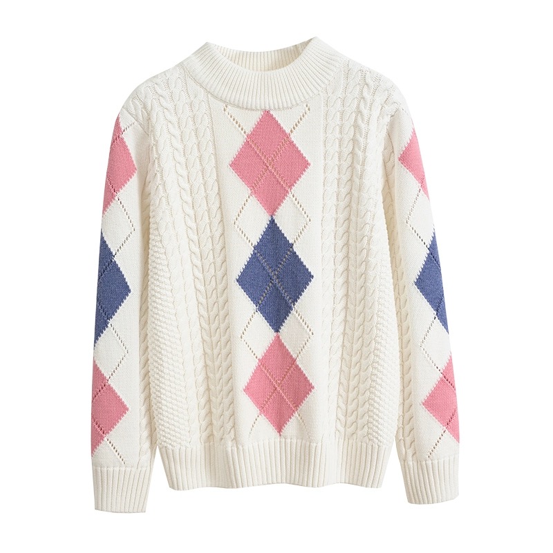 Round neck pullover rhombus pattern striped knitted bottoming shirt thick section
