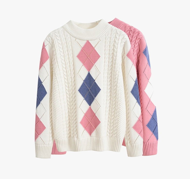 Round neck pullover rhombus pattern striped knitted bottoming shirt thick section