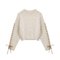 Retro short striped knitted long-sleeve loose bow tie design niche sweater