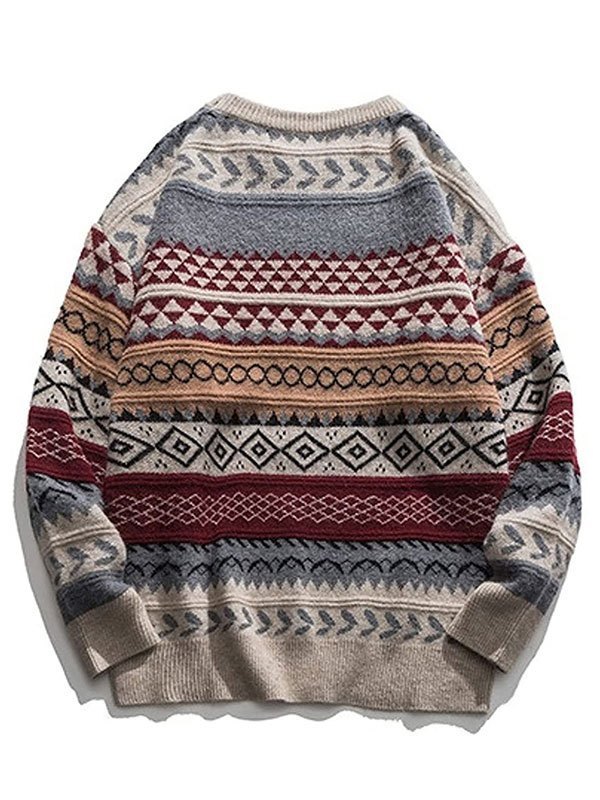 Round neck oversized mixed jacquard knitted sweater, loose and warm