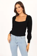 Long sleeve knitted sweater women's slimming top square neck short style