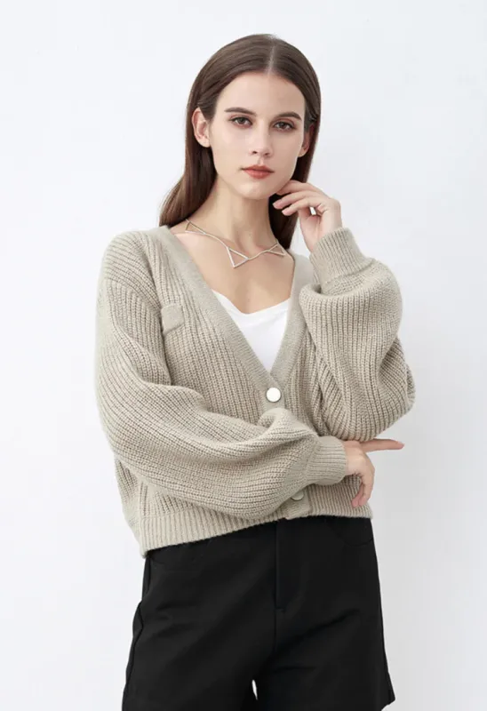 V-neck fake pocket short cardigan sweater short lazy style loose sleeves