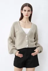 V-neck fake pocket short cardigan sweater short lazy style loose sleeves