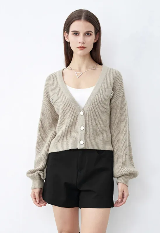 V-neck fake pocket short cardigan sweater short lazy style loose sleeves