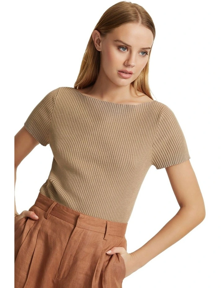 Taupe ribbed boat neck knitted top with short sleeves and tight fit