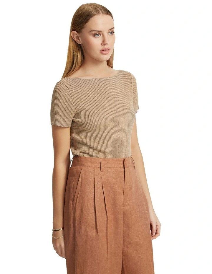 Taupe ribbed boat neck knitted top with short sleeves and tight fit
