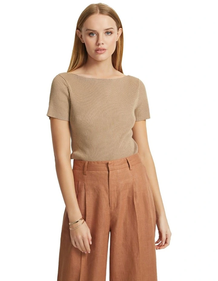 Taupe ribbed boat neck knitted top with short sleeves and tight fit