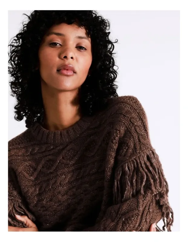 Brown long sleeve fringed knitted pullover top with long sleeves and loose fit