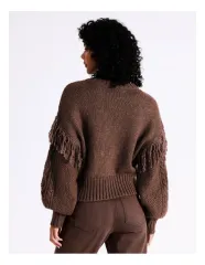 Brown long sleeve fringed knitted pullover top with long sleeves and loose fit