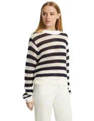 Round neck ivory/navy striped hollow knitted top with long sleeves and simple