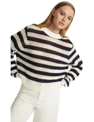 Round neck ivory/navy striped hollow knitted top with long sleeves and simple