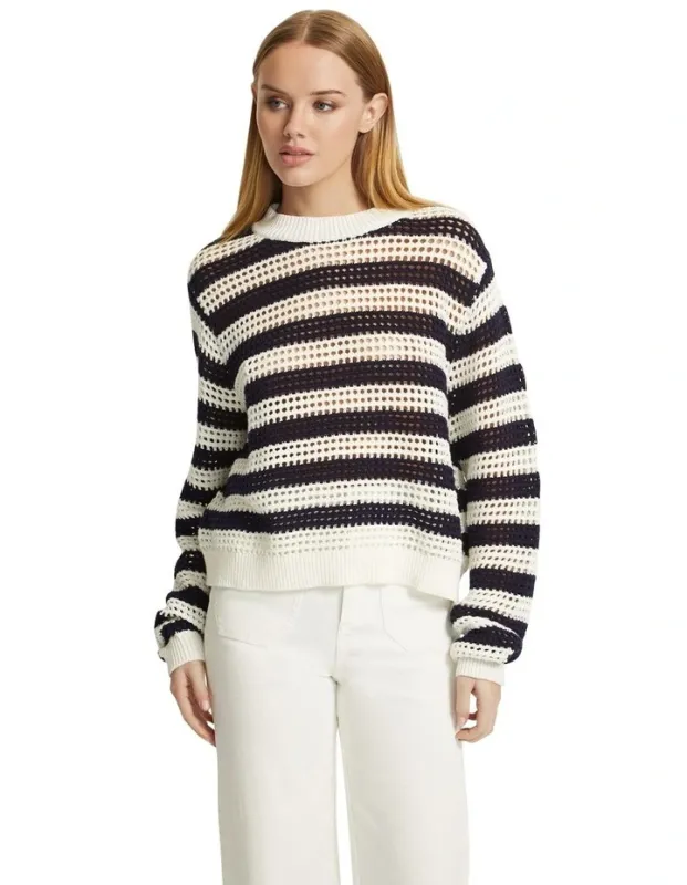 Round neck ivory/navy striped hollow knitted top with long sleeves and simple