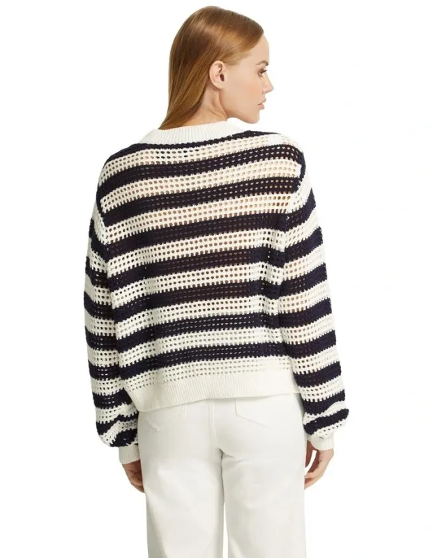 Round neck ivory/navy striped hollow knitted top with long sleeves and simple