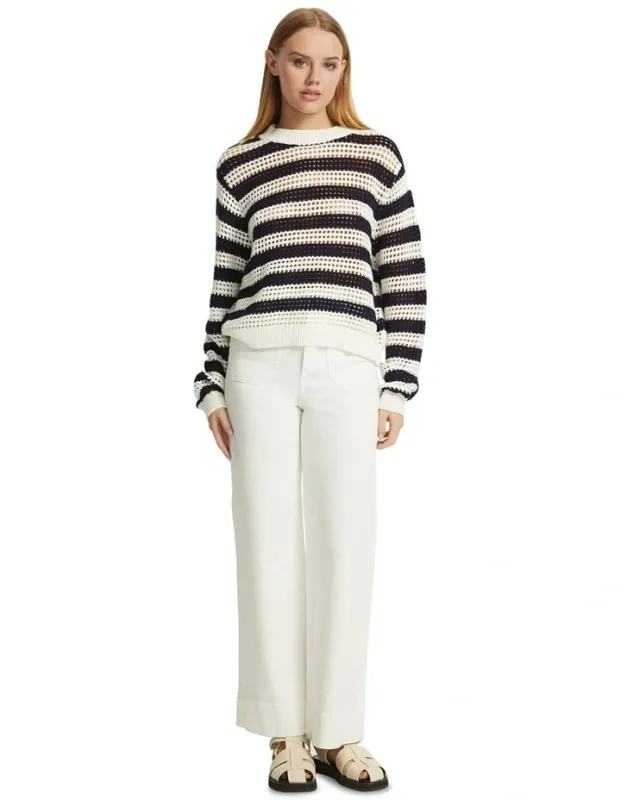 Round neck ivory/navy striped hollow knitted top with long sleeves and simple