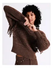 Brown long sleeve fringed knitted pullover top with long sleeves and loose fit