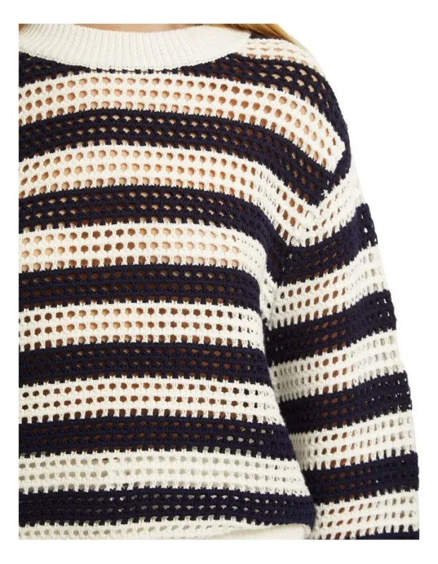 Round neck ivory/navy striped hollow knitted top with long sleeves and simple