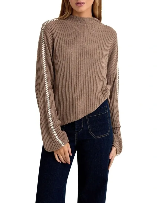 Brown contrast stitched knitted top with long sleeves, loose and warm