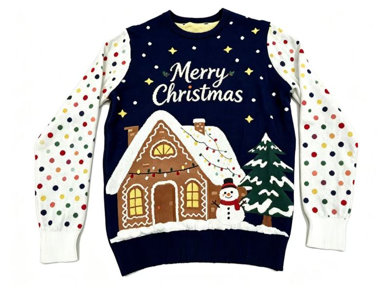 Gingerbread House Christmas Ugly Sweater - Festive Polka Dot Knit Pullover with Snowman