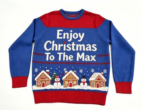 Ugly Christmas Sweater with Gingerbread House &amp; Snowman Motifs
