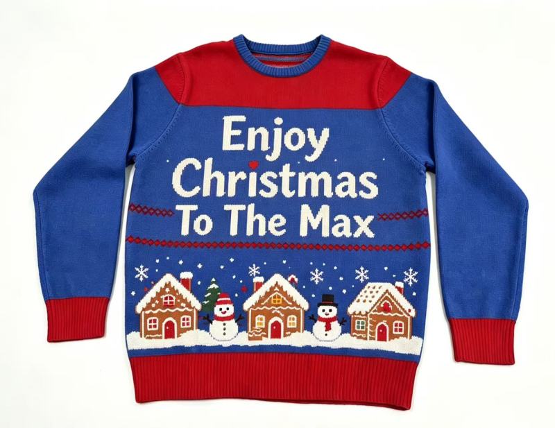 Ugly Christmas Sweater with Gingerbread House & Snowman Motifs