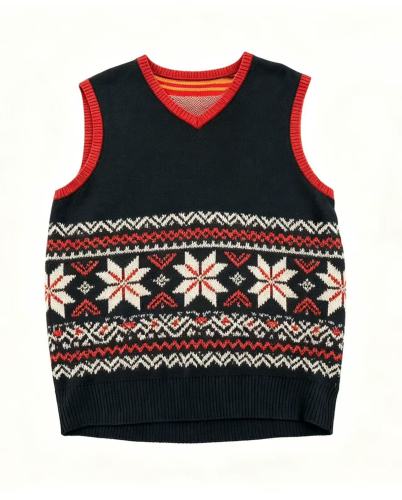 Fair Isle Knit Vest with Red &amp; White Snowflake Pattern
