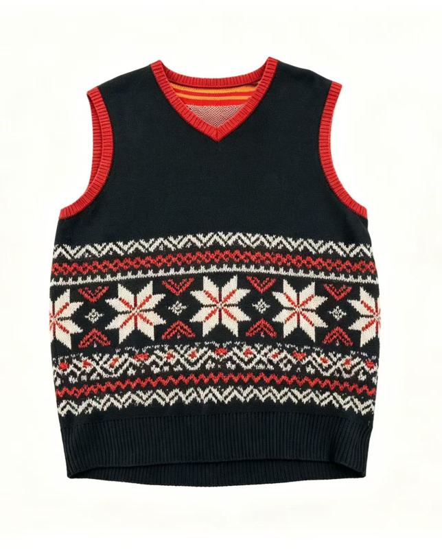 Fair Isle Knit Vest with Red & White Snowflake Pattern