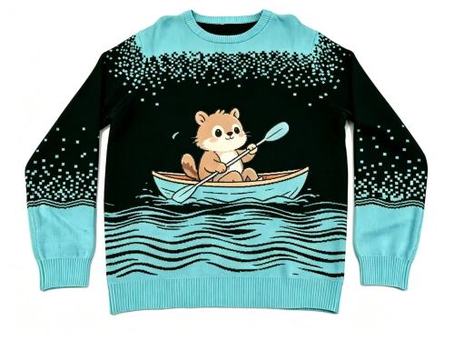 Cute Otter Rowing Boat Knit Sweater - Ocean Wave &amp; Pixel Star Pattern Pullover