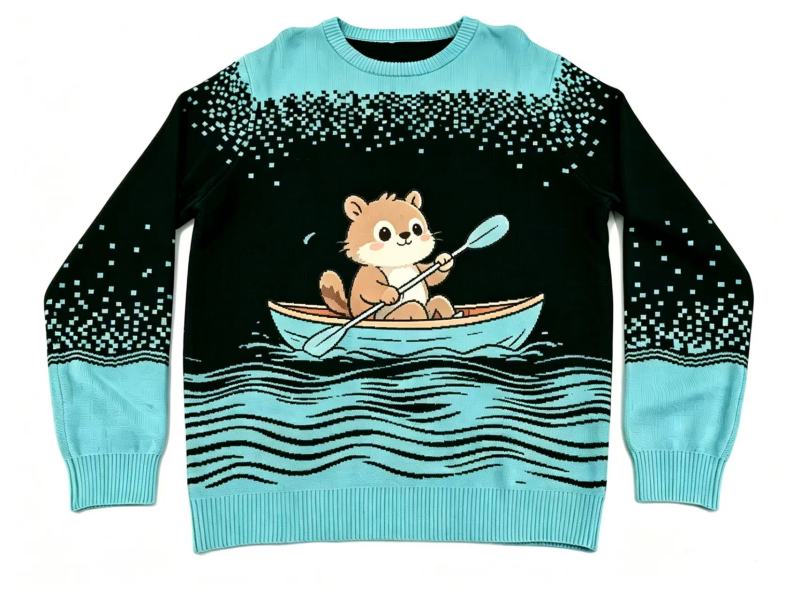 Cute Otter Rowing Boat Knit Sweater - Ocean Wave & Pixel Star Pattern Pullover