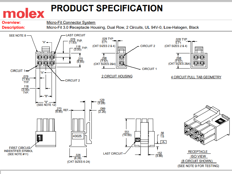 molex 43025-0200 Micro-Fit 3.0™ Housing & Contact