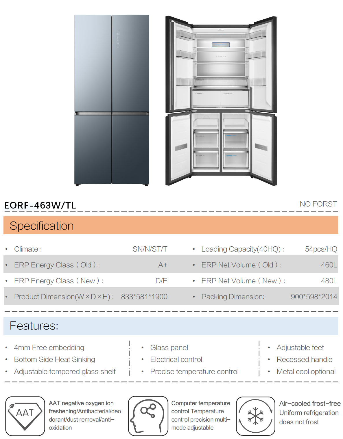 430/463/528/551L A+ fridge, LED display with touch button control