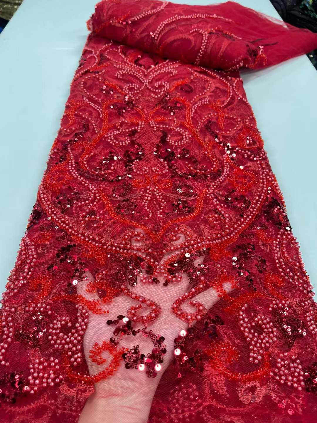 Red Bead Lace Fabric, Sparkle French Bead Lace Fabric With Sequins