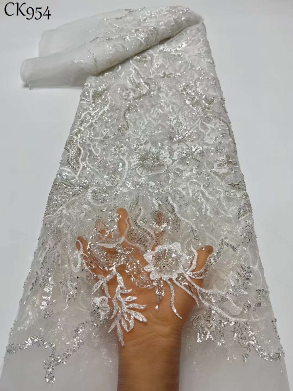 Hot Sale Dubai Hand Beaded Tulle Lace Fabric High-End Sequin Mesh Applique Lace For Wedding