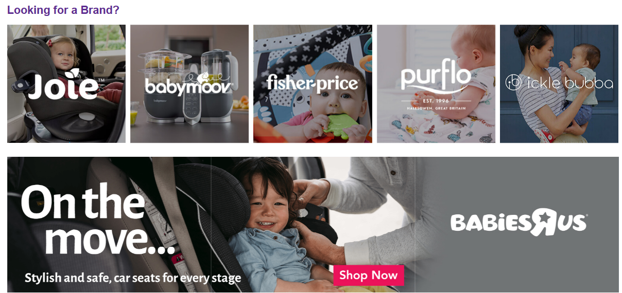 BabiesRus lists potential branded product categories customers may need
