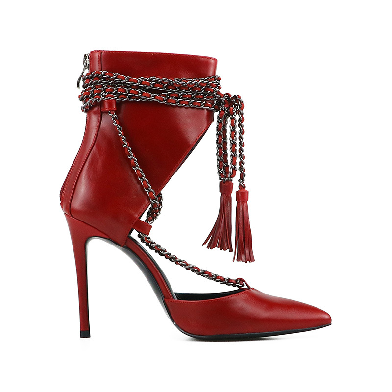 Charlotte Black Leather Handmade Chain Lace-up Ankle Boots