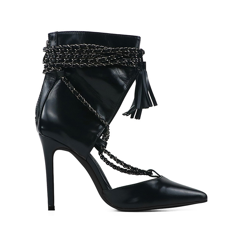 Charlotte Black Leather Handmade Chain Lace-up Ankle Boots