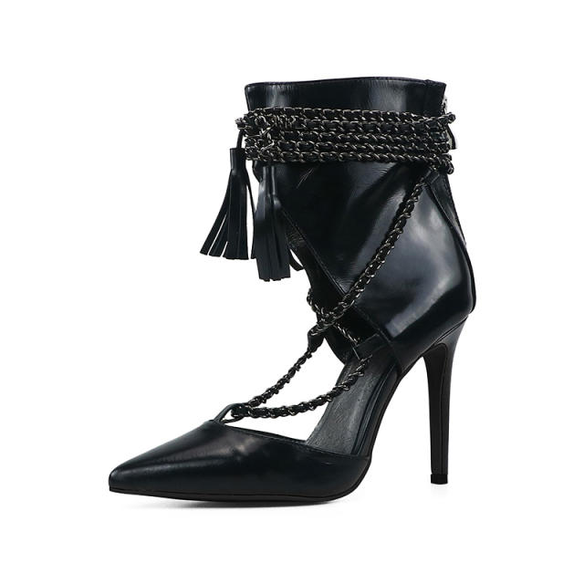 Charlotte Black Leather Handmade Chain Lace-up Ankle Boots
