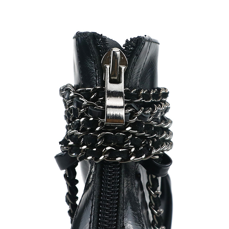 Charlotte Black Leather Handmade Chain Lace-up Ankle Boots