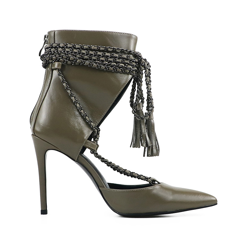 Charlotte Black Leather Handmade Chain Lace-up Ankle Boots