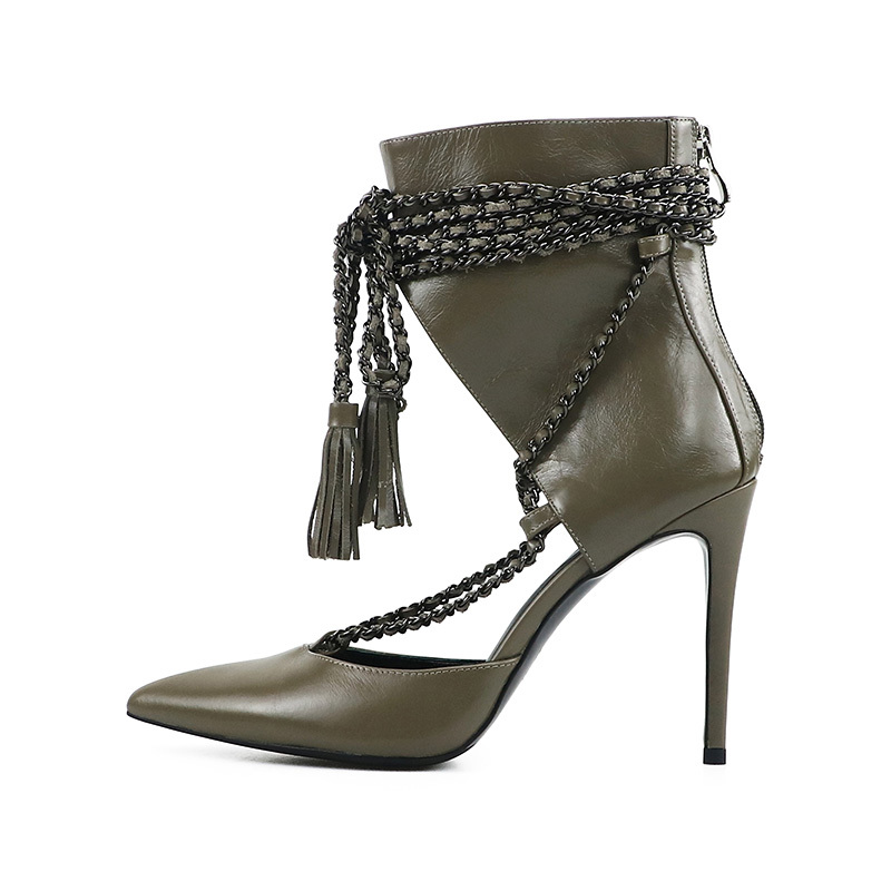 Charlotte Black Leather Handmade Chain Lace-up Ankle Boots