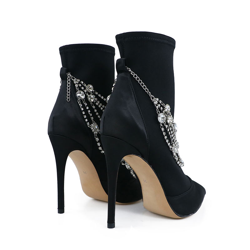 Donna Black Satin Crystal Necklace Ankle Boots