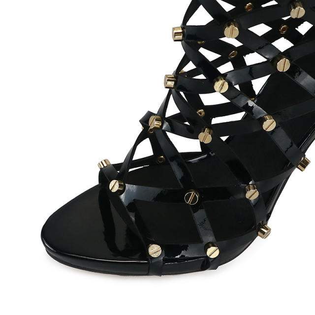 Leila Black Patent Leather Studded Over the Knee Boots Gladiator Sandals